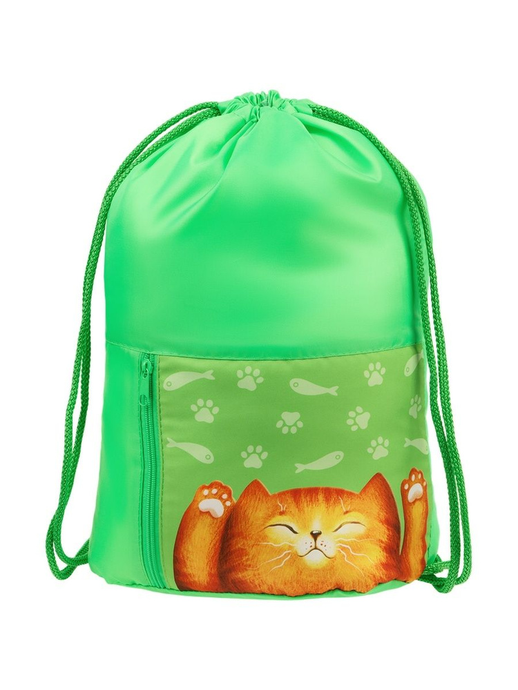 Мешок для обуви 1 отделение "Lazy Cat", 340x420мм, карман на молнии, зеленый, МО_45944  #1