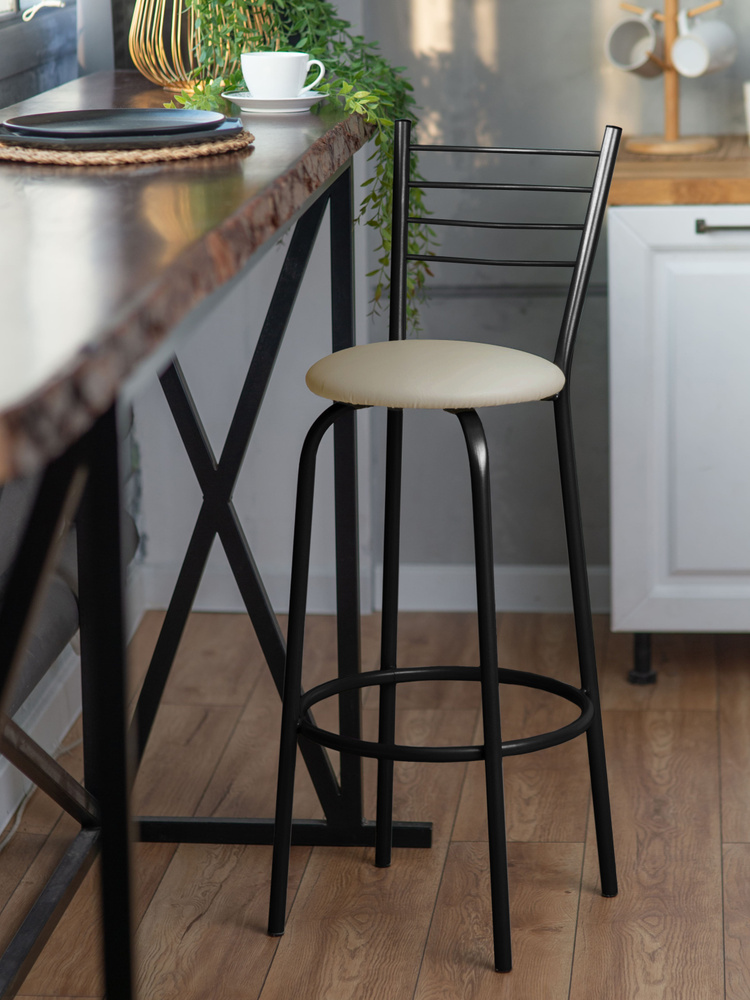 Барный стул со спинкой лофт для бровиста и визажиста кухонный мягкий, высокий, круглый металлический #1