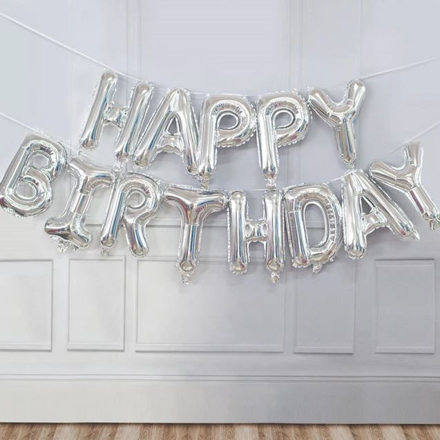 Шар фольгированный Happy Birthday (С днем рождения) серебристый, высота буквы 40 см.  #1