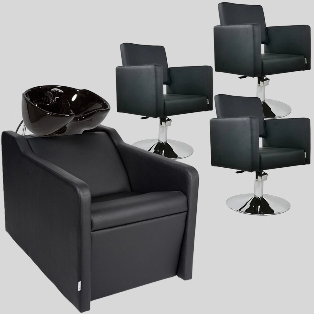 Парикмахерский комплект "Groy", Черный, 3 кресла гидравлика диск, 1 мойка глубокая черная раковина  #1