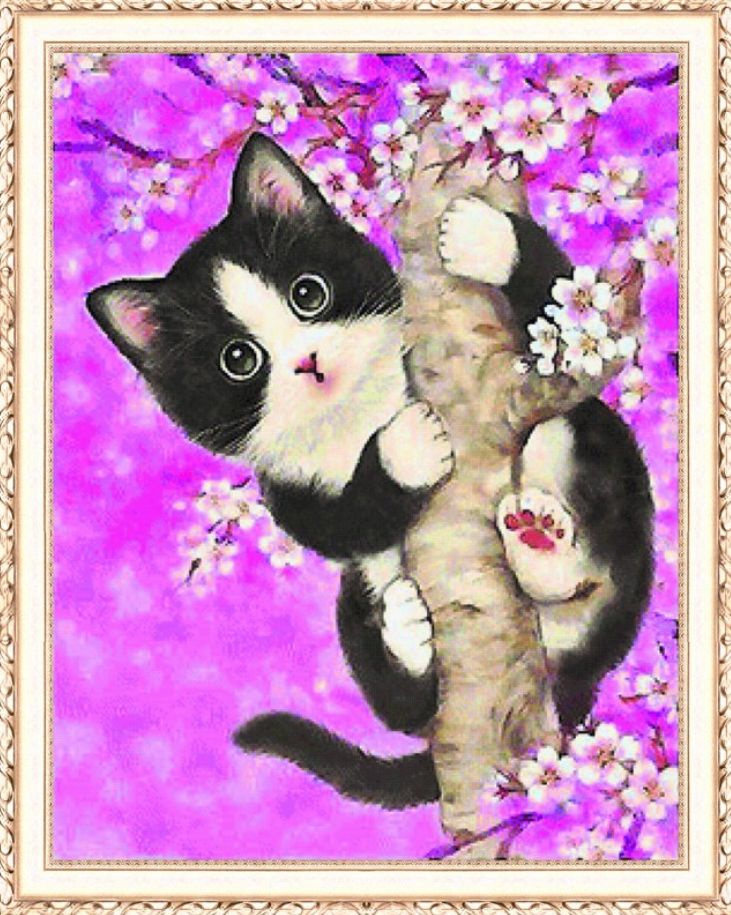 Алмазная мозаика на подрамнике 40x50 Полная выкладка. 40 х 50 : Черно-белый котёнок на цветущей ветке #1