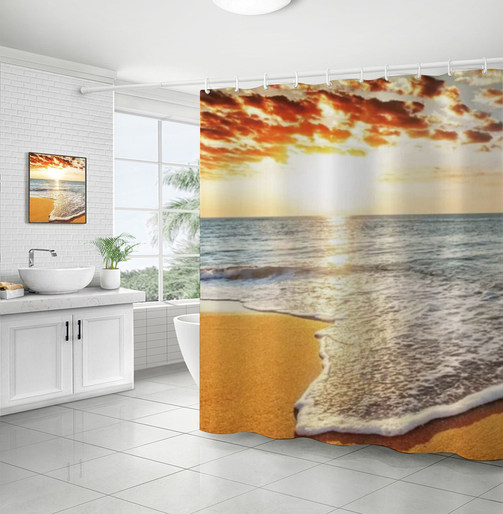 Штора (занавеска) для ванной / душа водоотталкивающая тканевая с кольцами 180 x 180 см Океан Закат  #1