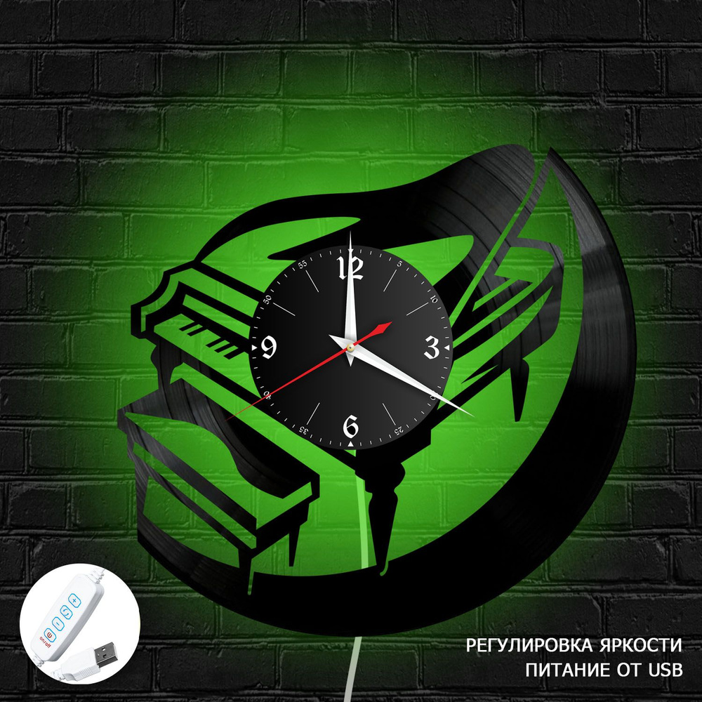 Настенные часы RedLaser "Музыка (Рояль) из винила с зеленой подсветкой, №25", 30 см  #1