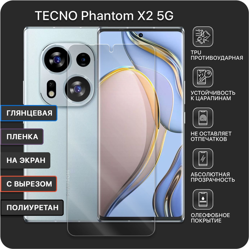 Гидрогелевая полиуретановая защитная пленка для TECNO Phantom X2 / С вырезом под камеру - под чехол / #1