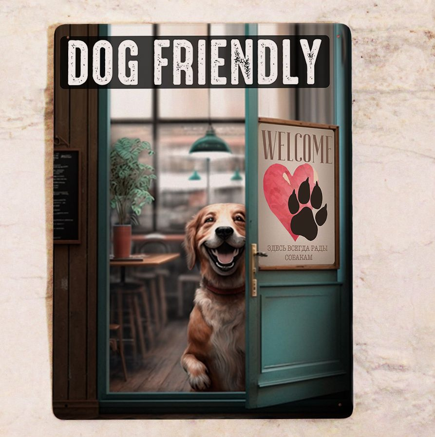 Табличка на вход в кафе, ресторан, магазин Dog Friendly, можно с собакой, металл, 20х30 см.  #1