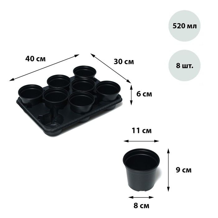 Набор для рассады: стаканы по 520 мл (8 шт.), поддон 40 x 30 см, чёрный, Greengo  #1