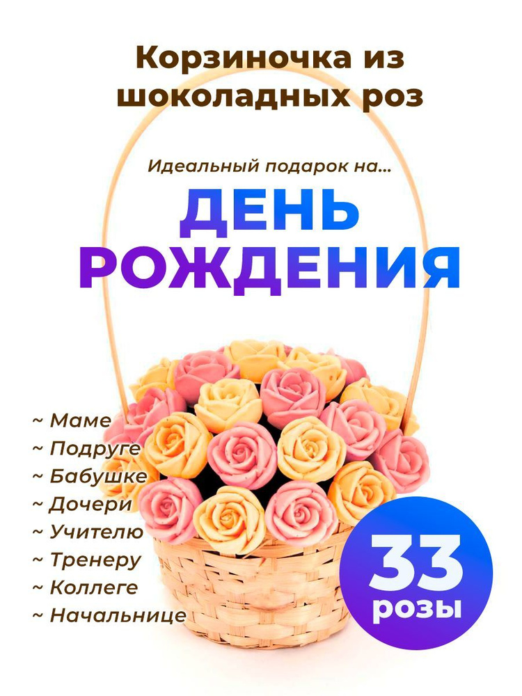 33 шоколадные розы CHOCO STORY в корзинке - Розовый и Оранжевый микс из Бельгийского шоколада, 396 гр. #1