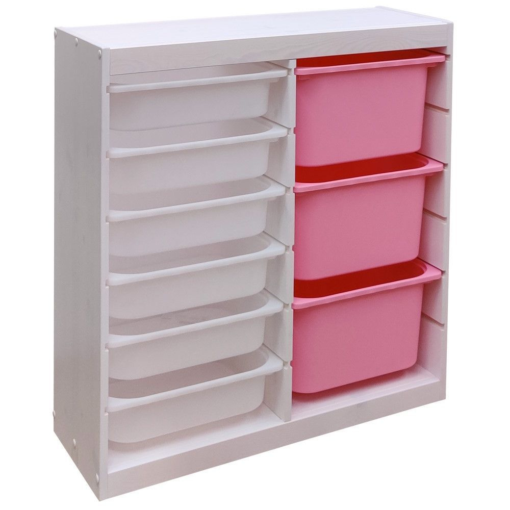 Белый стеллаж ТРУФАСТ 87х30х91 вертикальный двойной с белыми (6 шт) и розовыми (3 шт) контейнерами  #1