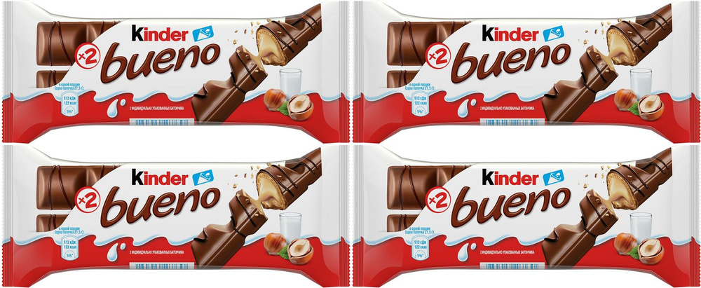 Вафли Kinder Bueno в молочном шоколаде, комплект: 4 упаковки по 43 г  #1