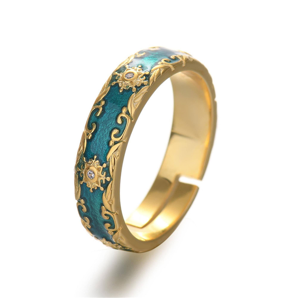 Кольцо с зеленой эмалью / незамкнутое / безразмерное, с регулируемым размером / Повседневное кольцо  #1