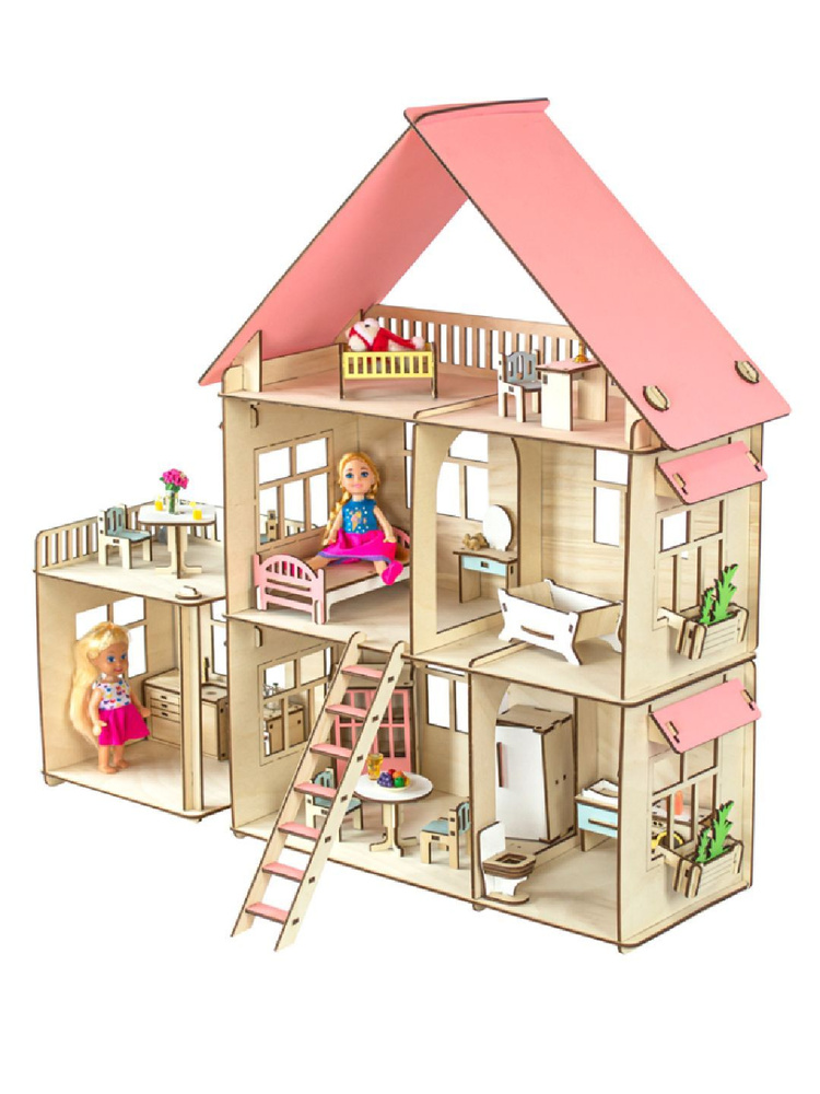 Деревянный кукольный домик с мебелью для девочек #1