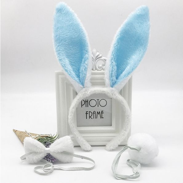 Карнавальный костюм уши зайца, 3 предмета, бело-синий #1