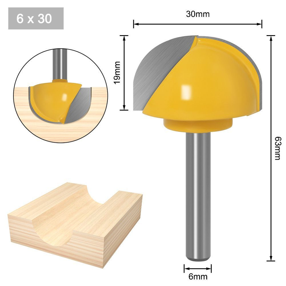 Фреза по дереву пазовая галтельная, хвостовик 6 мм DxHxL - 30 х 19 х 63 мм  #1