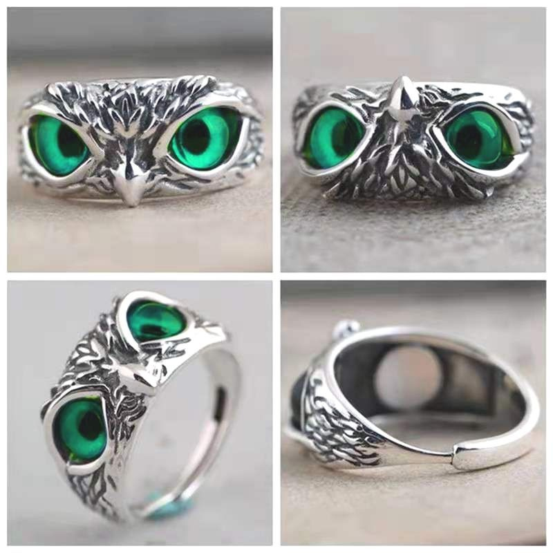Кольцо Сова Букля незамкнутое необычное на фалангу цвет серебро безразмерное с камнем зеленым глаз унисекс #1