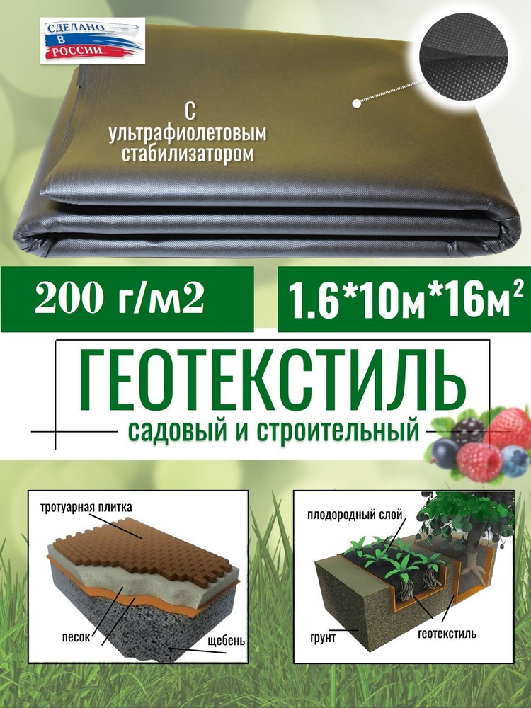 Геотекстиль черный 200 гр/м2 1.6х10м (16М2) Спанбонд садовый, строительный, ландшафтный, агроткань для #1