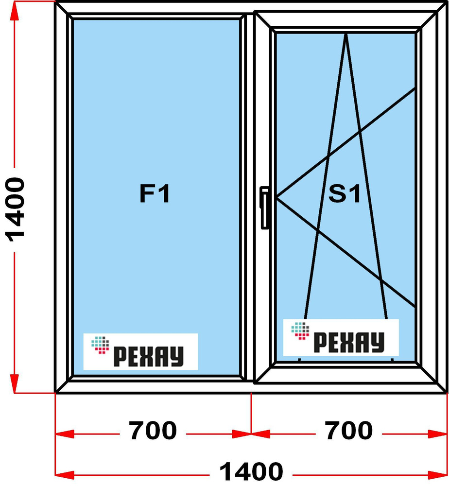 Окно пластиковое+москитка, профиль РЕХАУ BLITZ (1400 x 1400), с поворотно-откидной створкой, стеклопакет #1