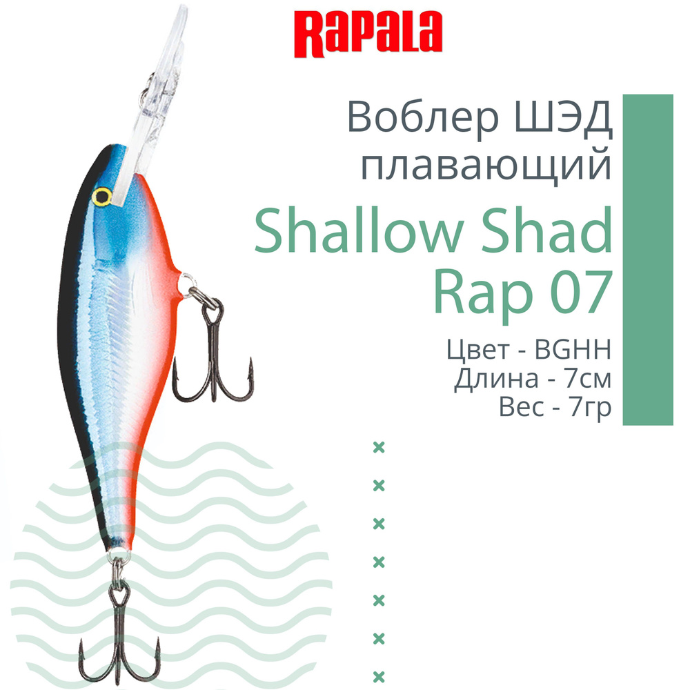 Воблер для рыбалки RAPALA Shallow Shad Rap 07, 7см, 7гр, цвет BGHH, плавающий  #1