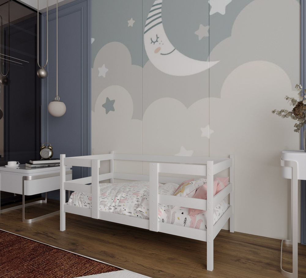 Кровать детская "Кроха", спальное место 160х80, белый цвет, из массива  #1