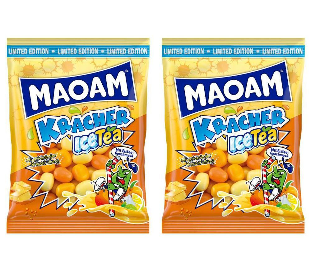 Жевательные конфеты Maoam Kracher Ice Tea со вкусом чая со льдом (манго, персик, лимон) с шипучей начинкой #1