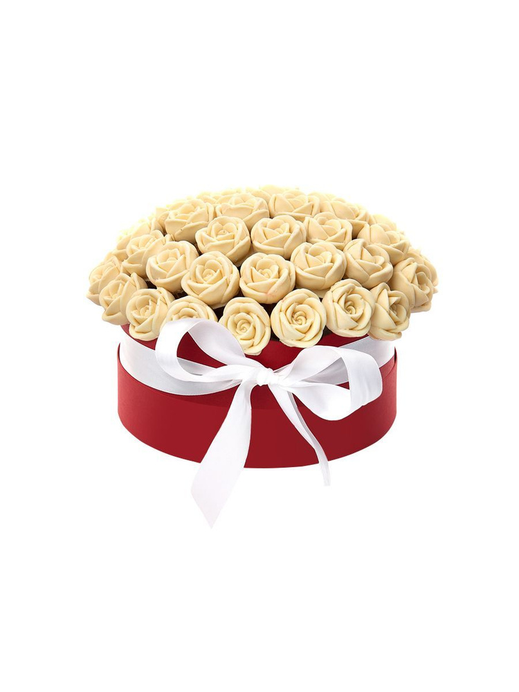 Подарочный набор: Шоколадные розы 51 шт. CHOCO STORY в Красной Шляпной коробке: Белый Бельгийский шоколад, #1