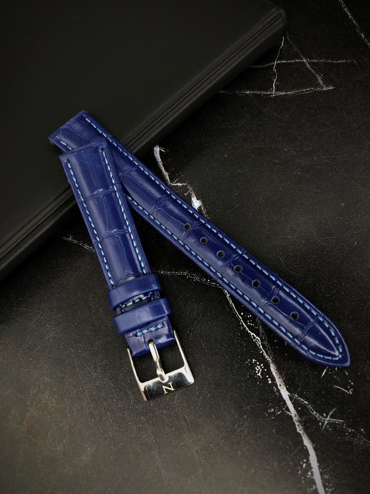 Ремешок для часов NAGATA кожаный 16 мм, синий, под рептилию #1