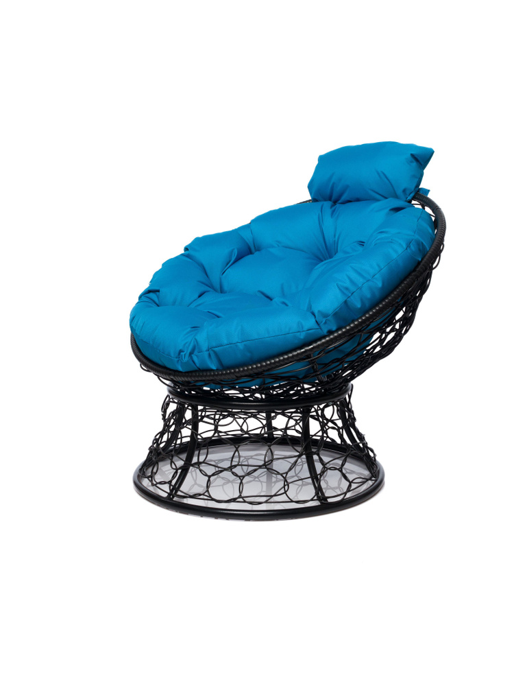 Кресло ПАПАСАН мини с ротангом чёрное, голубая подушка #1