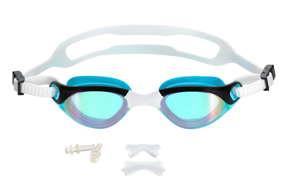 Очки для плавания взрослые, сменные переносицы, беруши, зеркальные линзы, бело-голубые / Очки для бассейна #1