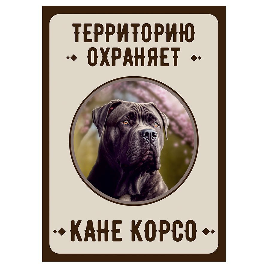 Табличка, Злая собака, Территорию охраняет Кане-корсо, на металлической основе, 18см х 25 см, на забор, #1