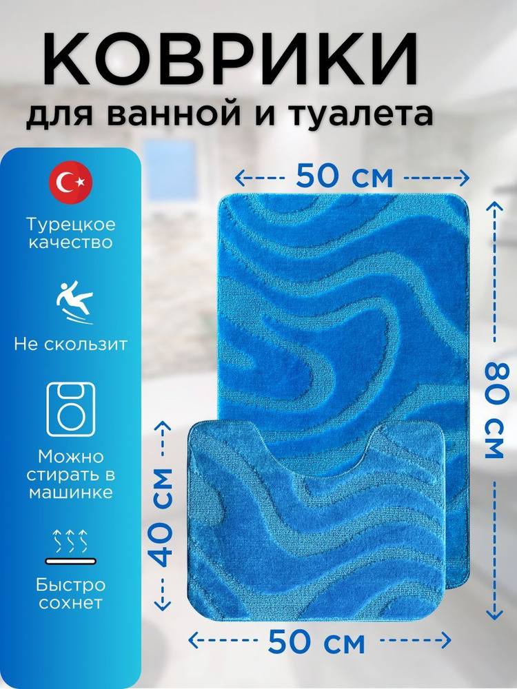 Набор ковриков для ванной и туалета L'CADESI LEMIS противоскользящие, 50х80 см и 50х40 см, голубой 001283 #1