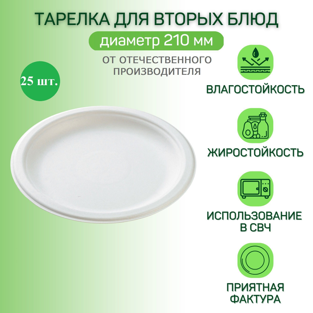 Тарелка круглая одноразовая - Д210мм, биоразлагаемая (ЭКО) из древесной целлюлозы - белая, для холодных #1