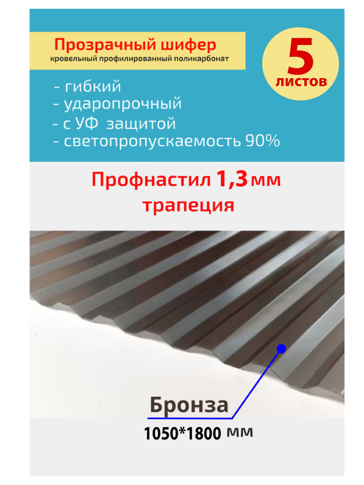 Кровельный монолитный профилированный поликарбонат 1.3 мм трапеция (бронза/прозрачная) 1,05*1,8м.  #1