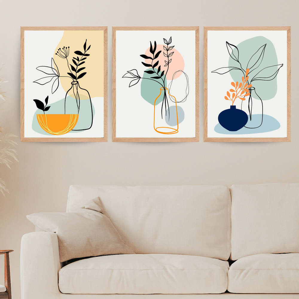 Постеры интерьерные на стену "Цветы в вазе. Абстракция" набор из 3 шт. (светло-серый фон), декор и интерьер, #1