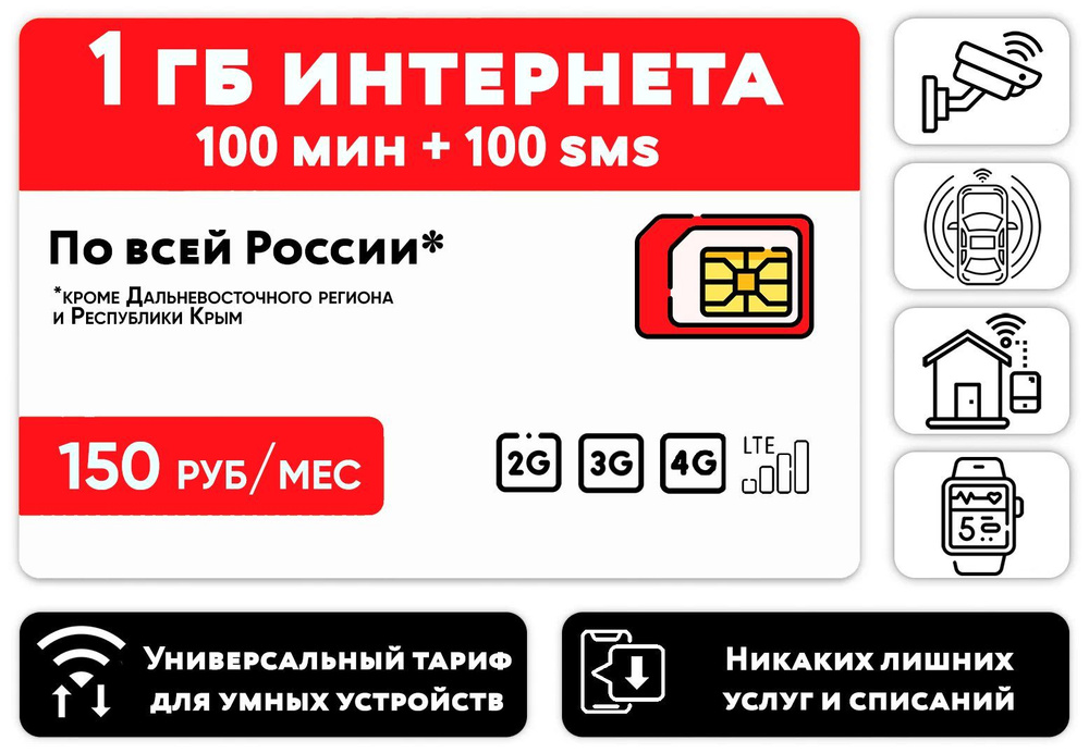 WHYFLY SIM-карта 1 гб интернета 3G/4G/LTE, 100 минут + 100 смс за 150 руб/мес для умных смарт-устройств #1