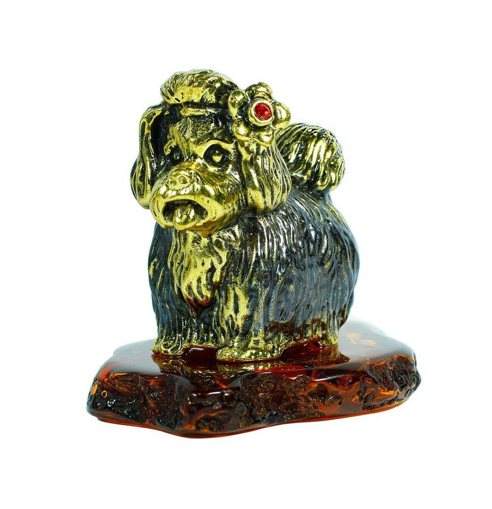 Сувенир собака Йорк из латуни и прессованного янтаря с фианитом.  #1