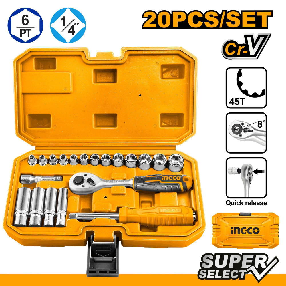 Набор торцевых головок 1/4" с трещоткой 20 предметов INGCO HKTS14201 INDUSTRIAL  #1