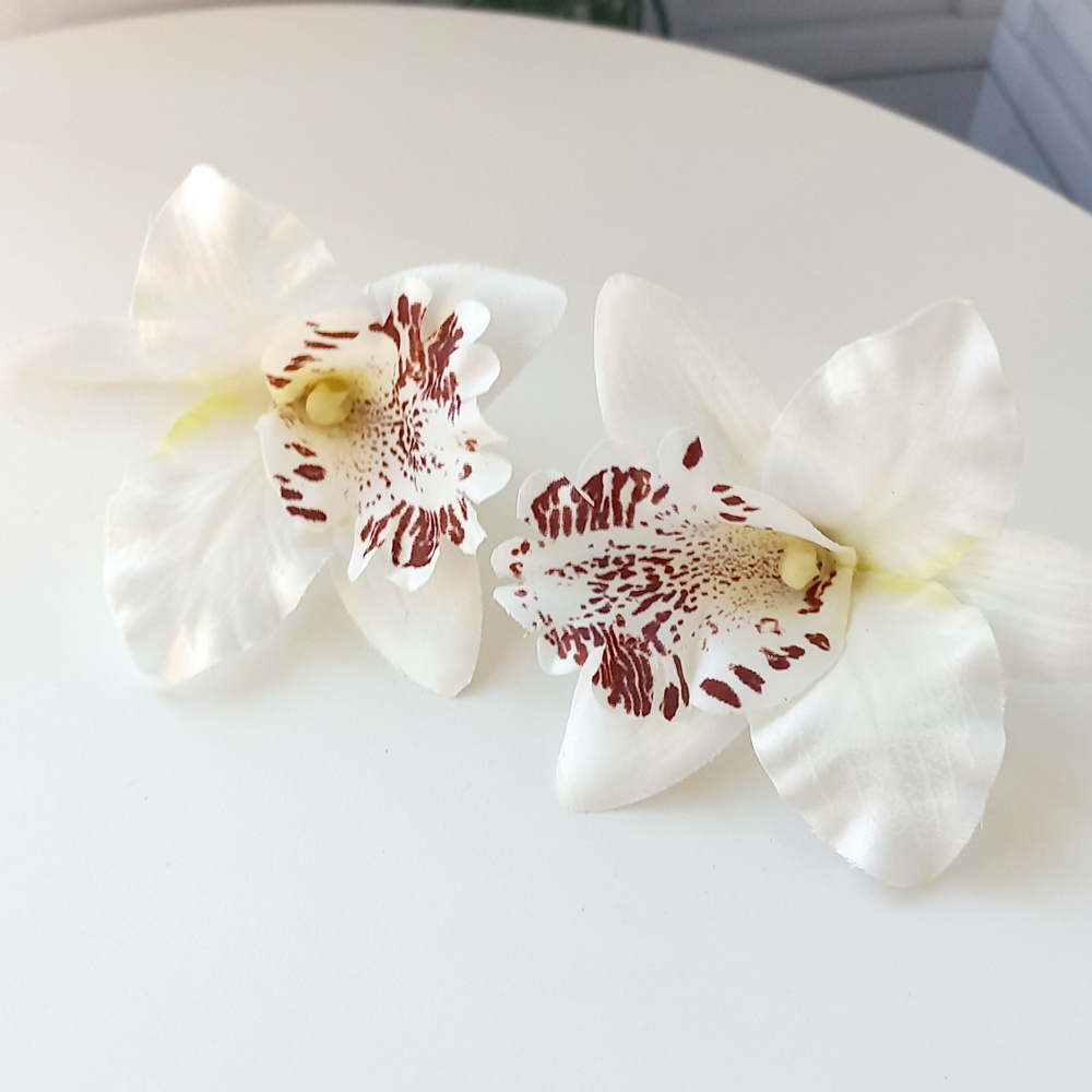 Комплект двух заколок "Тропический цветок Орхидея", белый с коричневым  #1