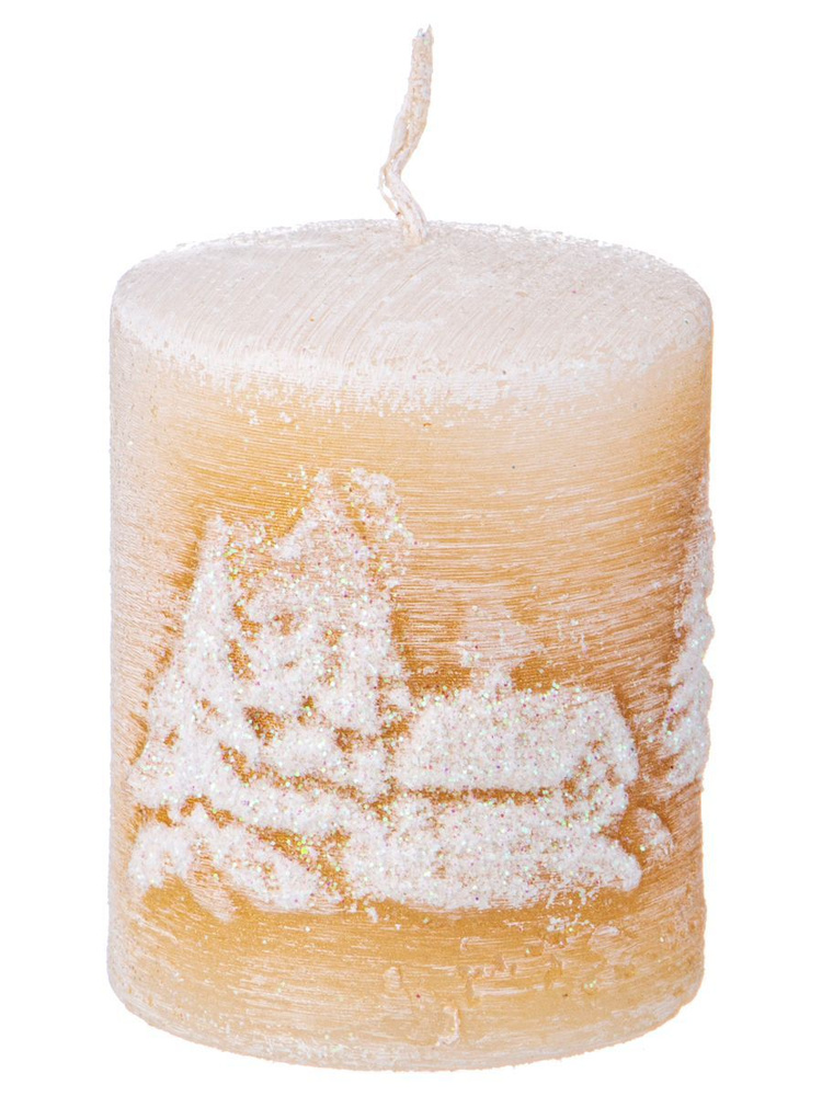 Свеча новогодняя BRONCO столбик "ДОМИК" белая с золотом 5,5 х 4,5 см  #1