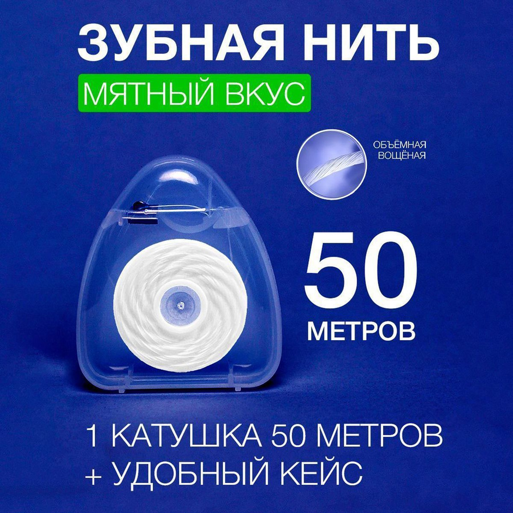 Зубная нить 50м в кейсе, вкус мята, объемная, вощеная #1