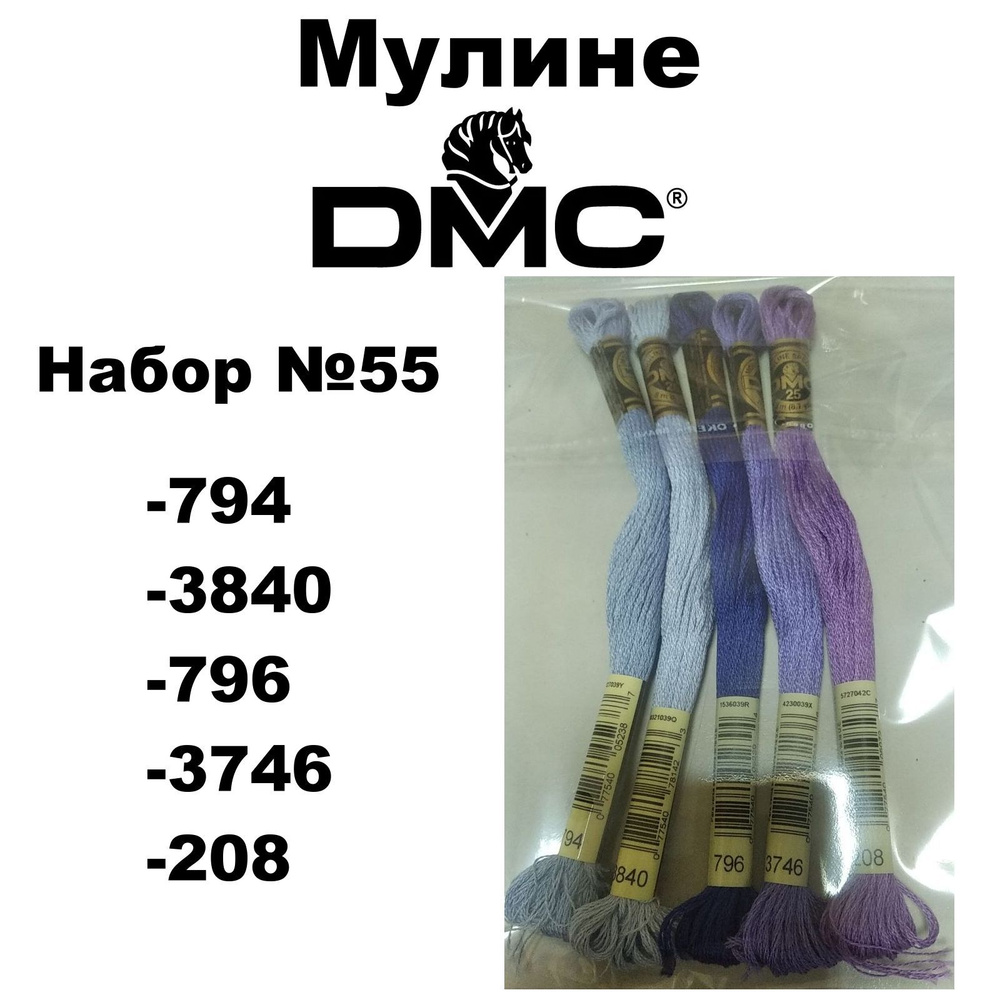 Нитки мулине DMC Embroidery для вышивания / Набор №55 / цвета 794, 3840, 796, 3746, 208  #1