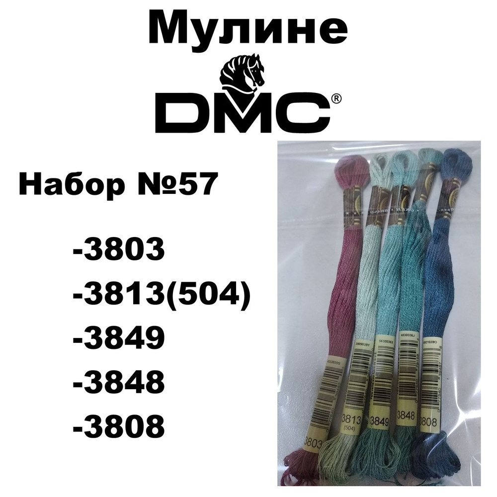 Нитки мулине DMC Embroidery для вышивания / Набор №57 / цвета 3803, 3813 (504), 3849, 3848, 3808  #1