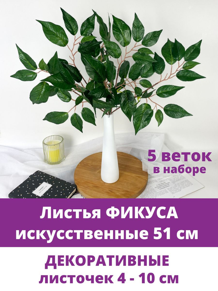Листья Фикуса, искусственный букет, Зеленый 51 см, листочки 4,5 - 10 см, набор 5 веток  #1