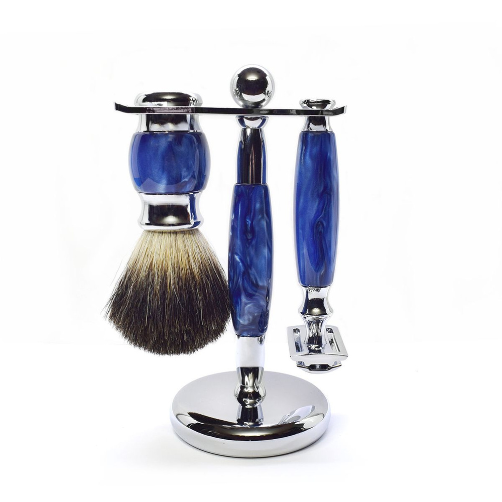 Мужской набор для бритья Premium синий: бритвенный станок, помазок, подставка  #1