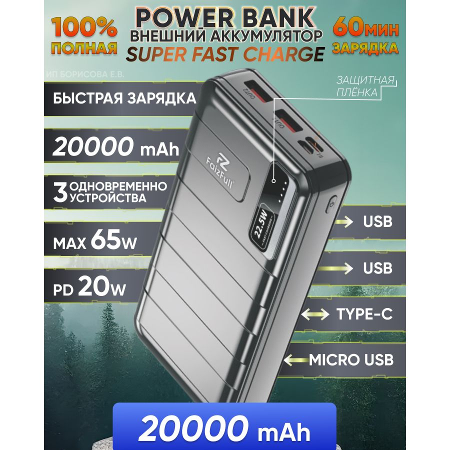 Повербанк 20000mah с быстрой зарядкой Power Bank, внешний аккумулятор, для iphone, android  #1