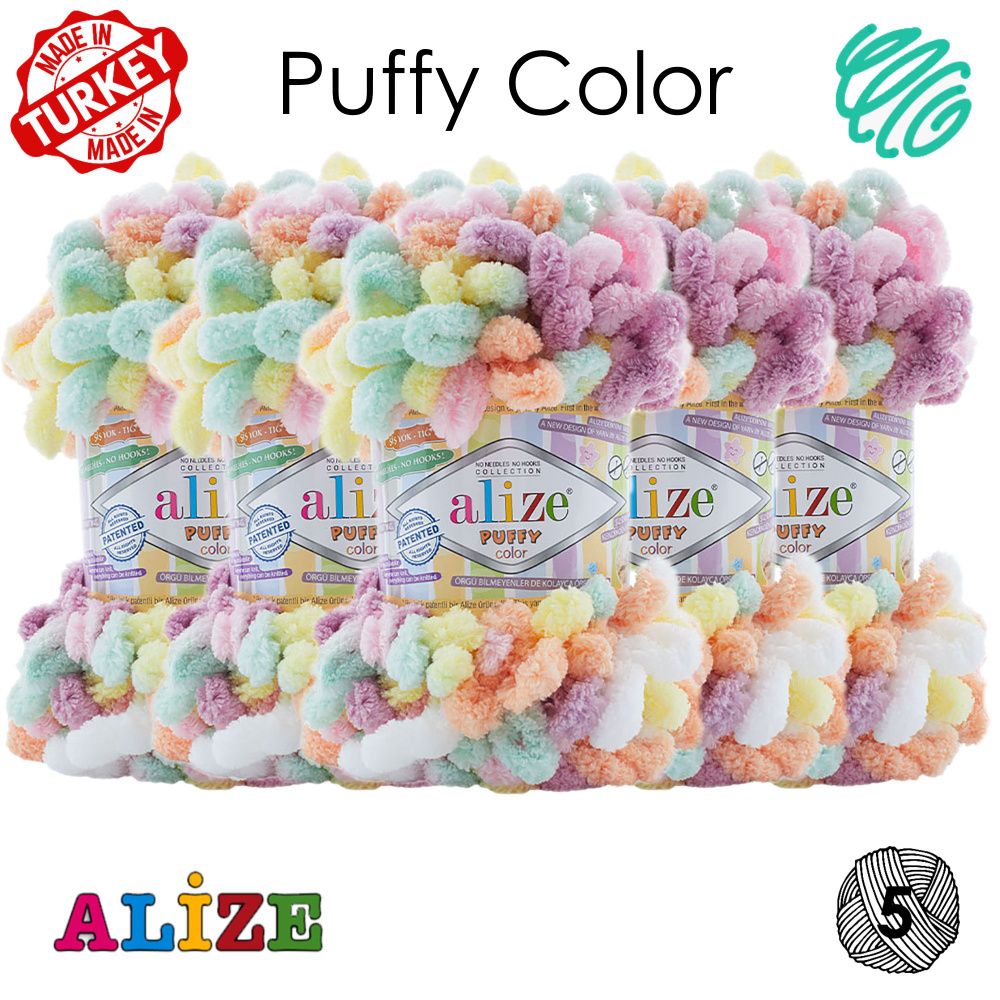 Пряжа с петлями Alize Puffy Color/ Большие петельки - 5 шт. оранжевый, зеленый, розовый (6527) / 9м, #1