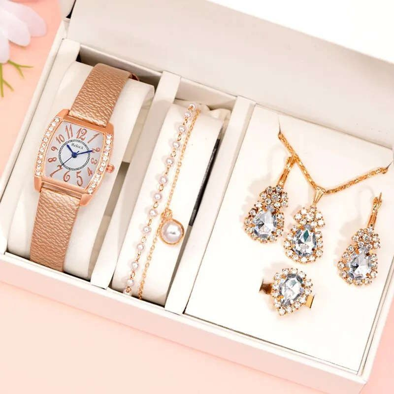 Подарочный комплект Relogio Feminino, из наручных кварцевых часов, ожерелья с кулоном, серег, браслет #1