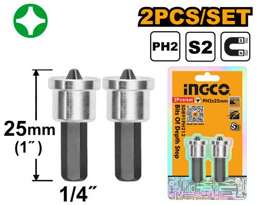 Набор бит с ограничителем глубины PH2 2 шт 25 мм INGCO SDB91PH213 #1