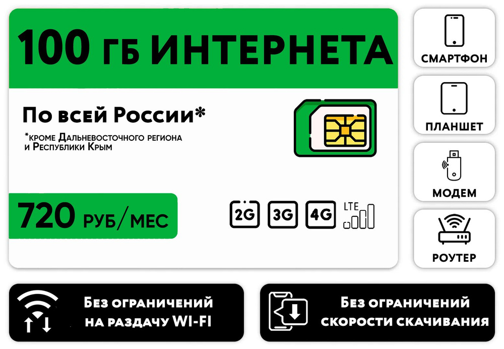 WHYFLY SIM-карта SIM-карта 100 гб интернета 3G/4G/LTE за 720 руб/мес (модемы, роутеры, планшеты) + раздача, #1