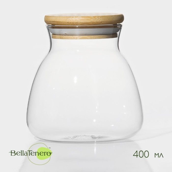 Банка стеклянная для сыпучих продуктов с бамбуковой крышкой BellaTenero "Бамбук", 400 мл, 9,5х9,5 см #1