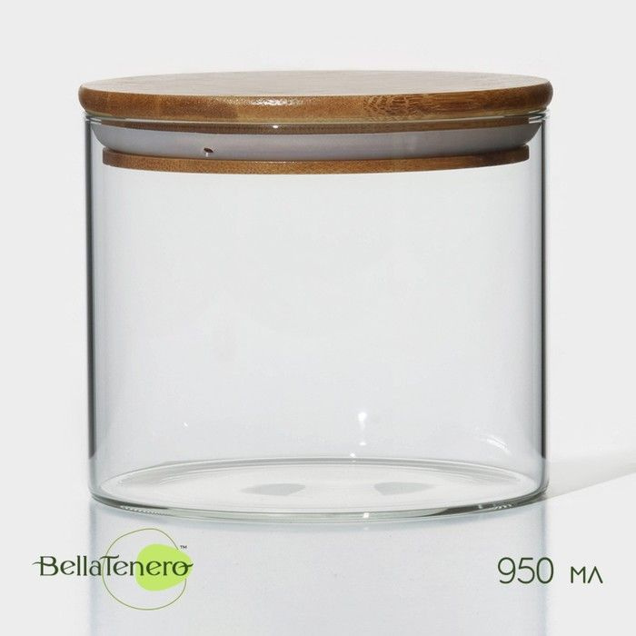 Банка стеклянная для сыпучих продуктов с бамбуковой крышкой BellaTenero "Эко", 950 мл, 12х10,5 см  #1