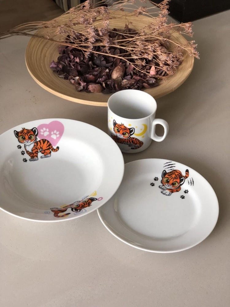 Набор детской посуды Тигрята, керамика, 3 предмета: тарелка, салатник, кружка  #1